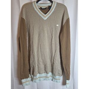Sean John V-Neck Sweater Mens XXXL Brown Geometric Pattern‎ Cotton Knit